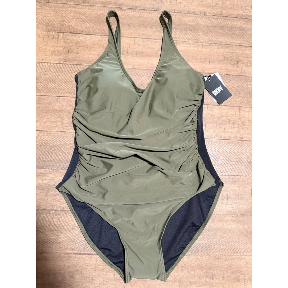 New DKNY Womens Ruched Mesh Side One Piece Swimsuit Olive Green DI2MS536 Size 14 - Picture 4 of 13